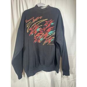 VTG 1992 Christmas Sweatshirt XL Season’s Greetings Poinsettia Black Holiday Y2K